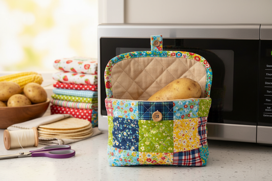 Colorful quilted potato zapper bag for microwaving potatoes, perfect DIY project for quilters and makers