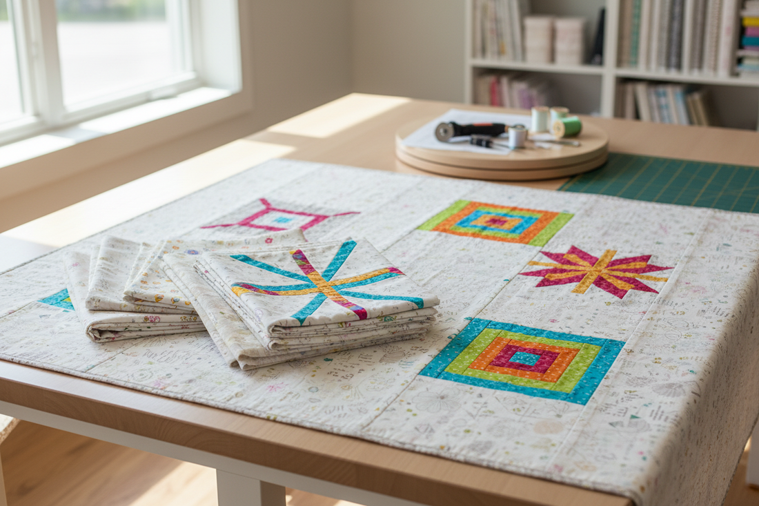 Modern quilt blocks made with low volume quilting fabrics and colorful accents in a bright creative studio