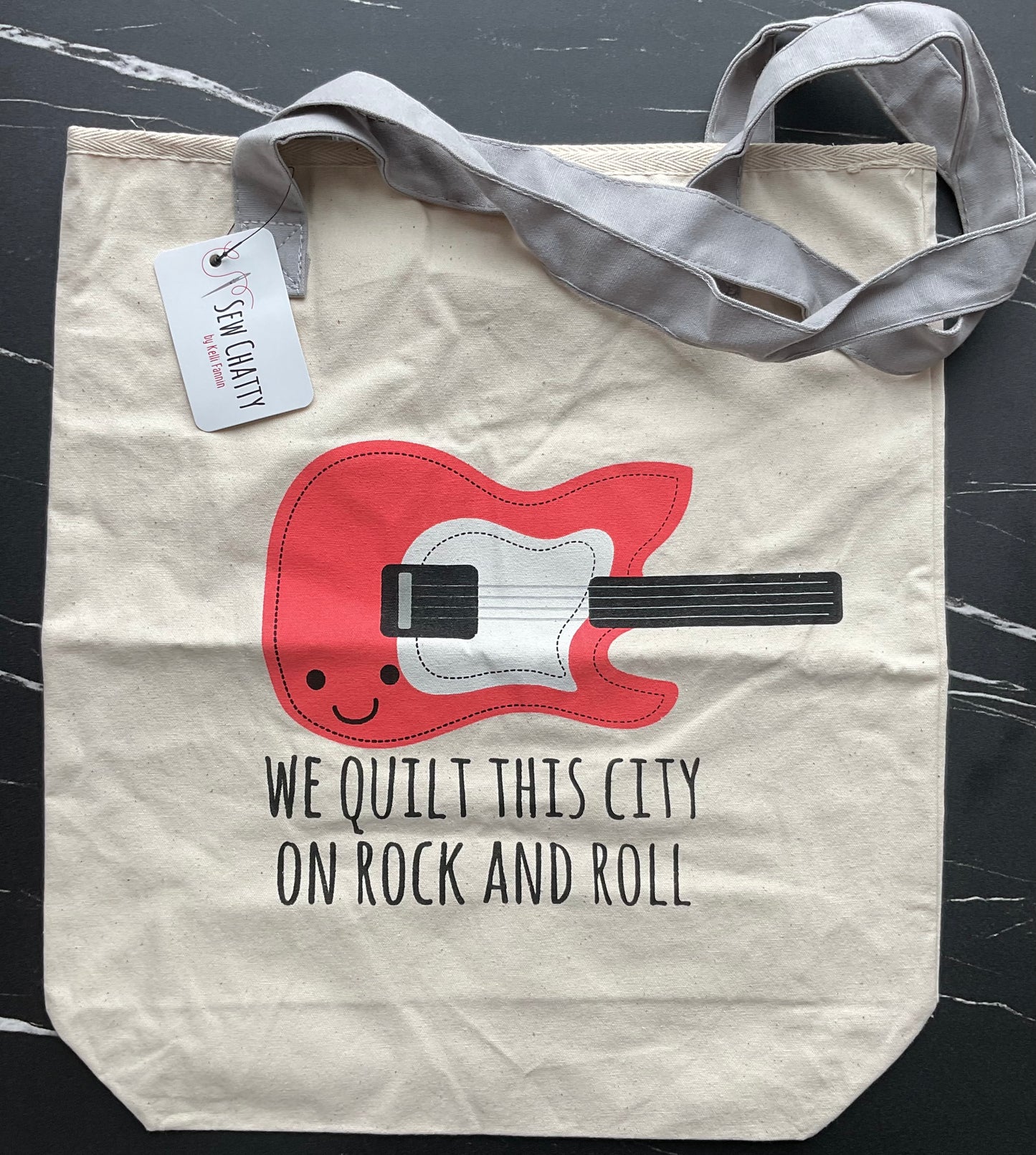 Sew Chatty Canvas Tote Bag- We Quilt This City On Rock and Roll