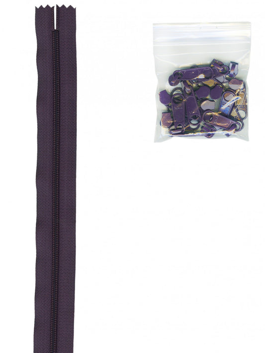 4 Yards of 16mm #4.5 Zipper Chain and 16 Extra-Large Coordinated Pulls Eggplant # ZIPYD-240- Special Order
