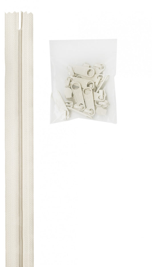 4 Yards of 16mm #4.5 Zipper Chain and 16 Extra-Large Coordinated Pulls White # ZIPYD-100- Special Order