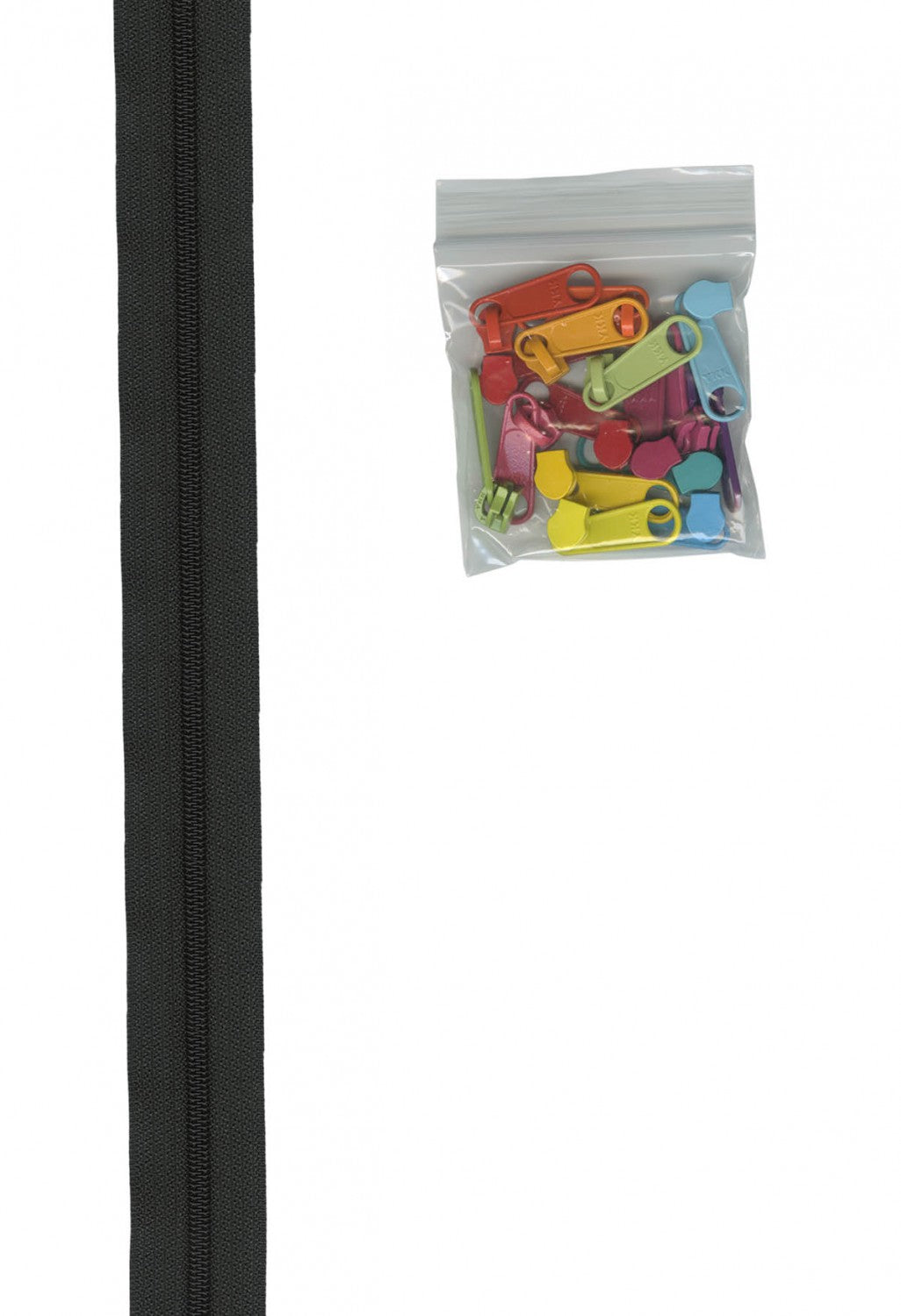 4 yards of 16mm #4.5 zipper chain and 16 Ex-Large Pulls Black with 16 Mult pulls # ZIPYD105MUL - Special Order