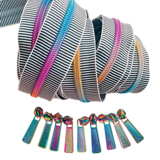 Zipper Tape by Sew Hungry Hippi - Black & White Stripe w/ Rainbow Zip Pack 3yd