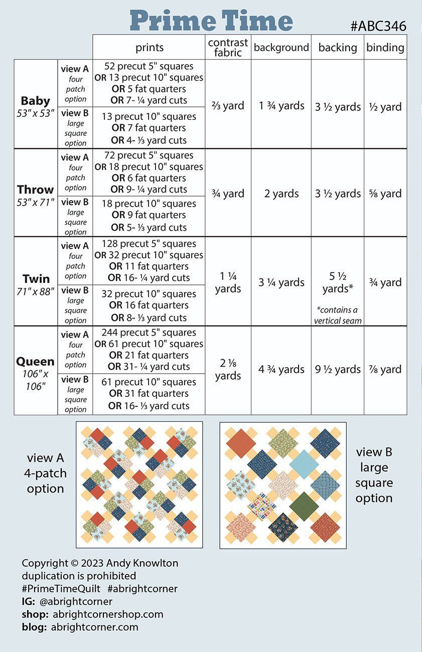 Prime Time Quilt Pattern # AKBC346 - Special Order