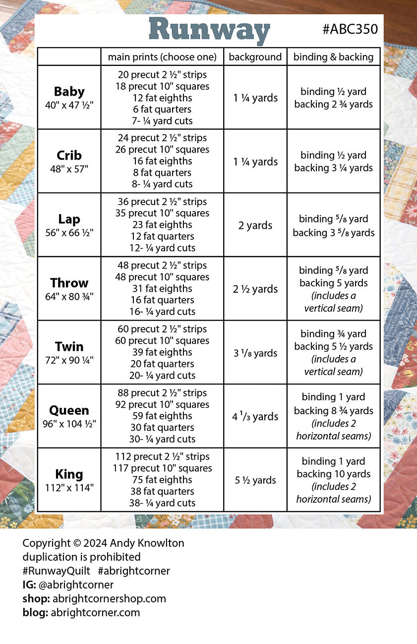 Runway Quilt Pattern # AKBC350 - Special Order