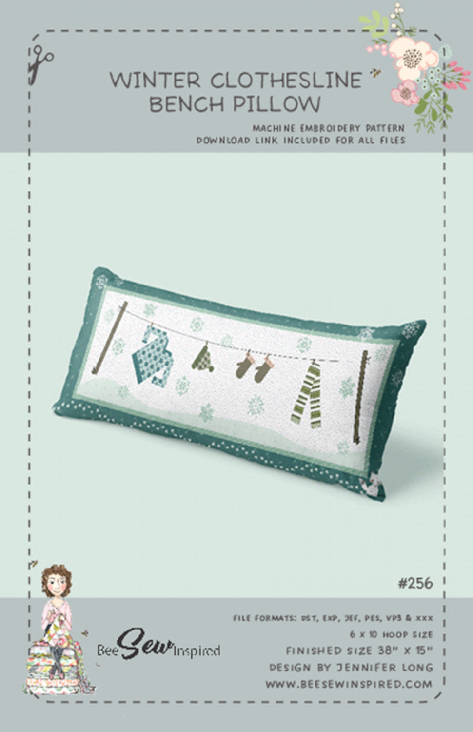 Winter Clothesline Bench Pillow Machine Embroidery Version # BSI256 - Special Order