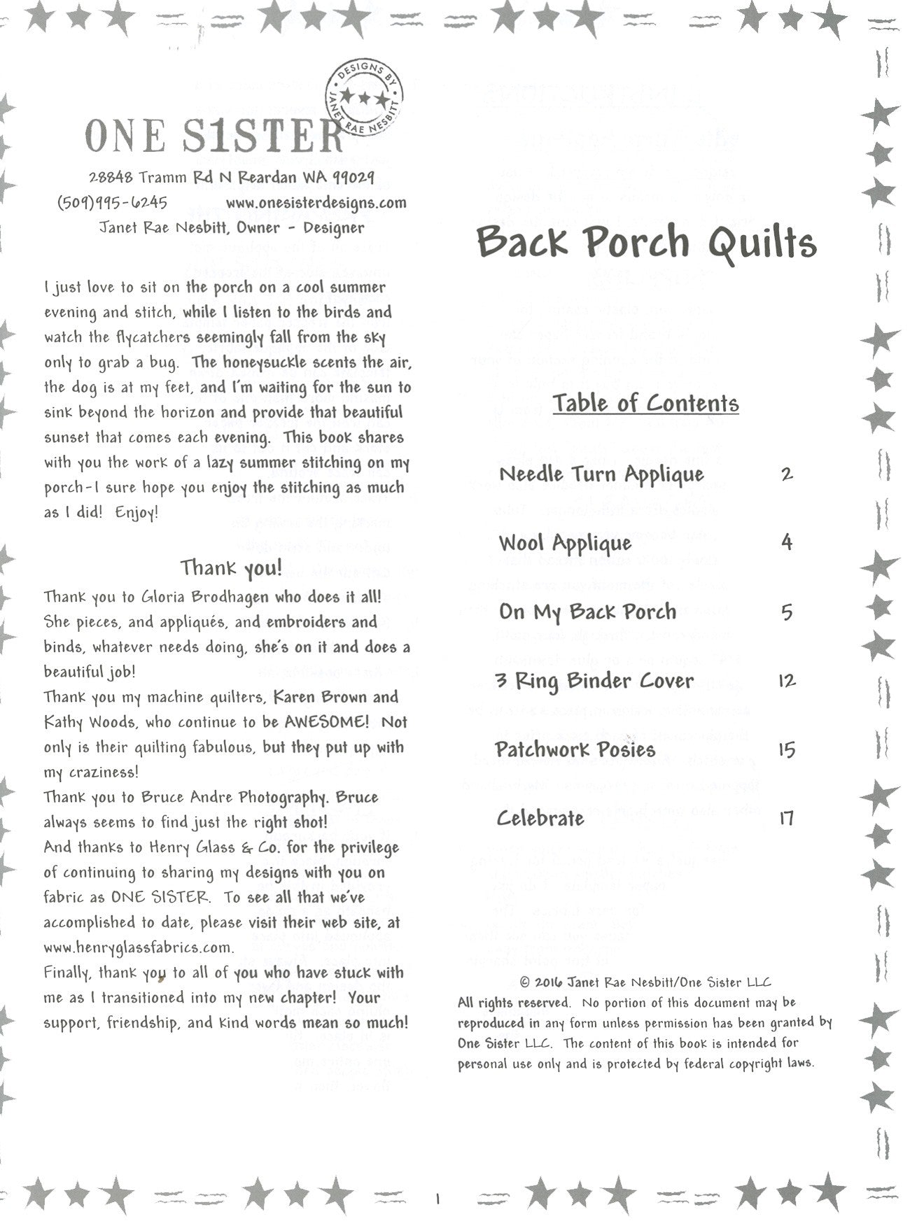 Back Porch Quilts Applique Project Book by Janet Nisbit - Special Order
