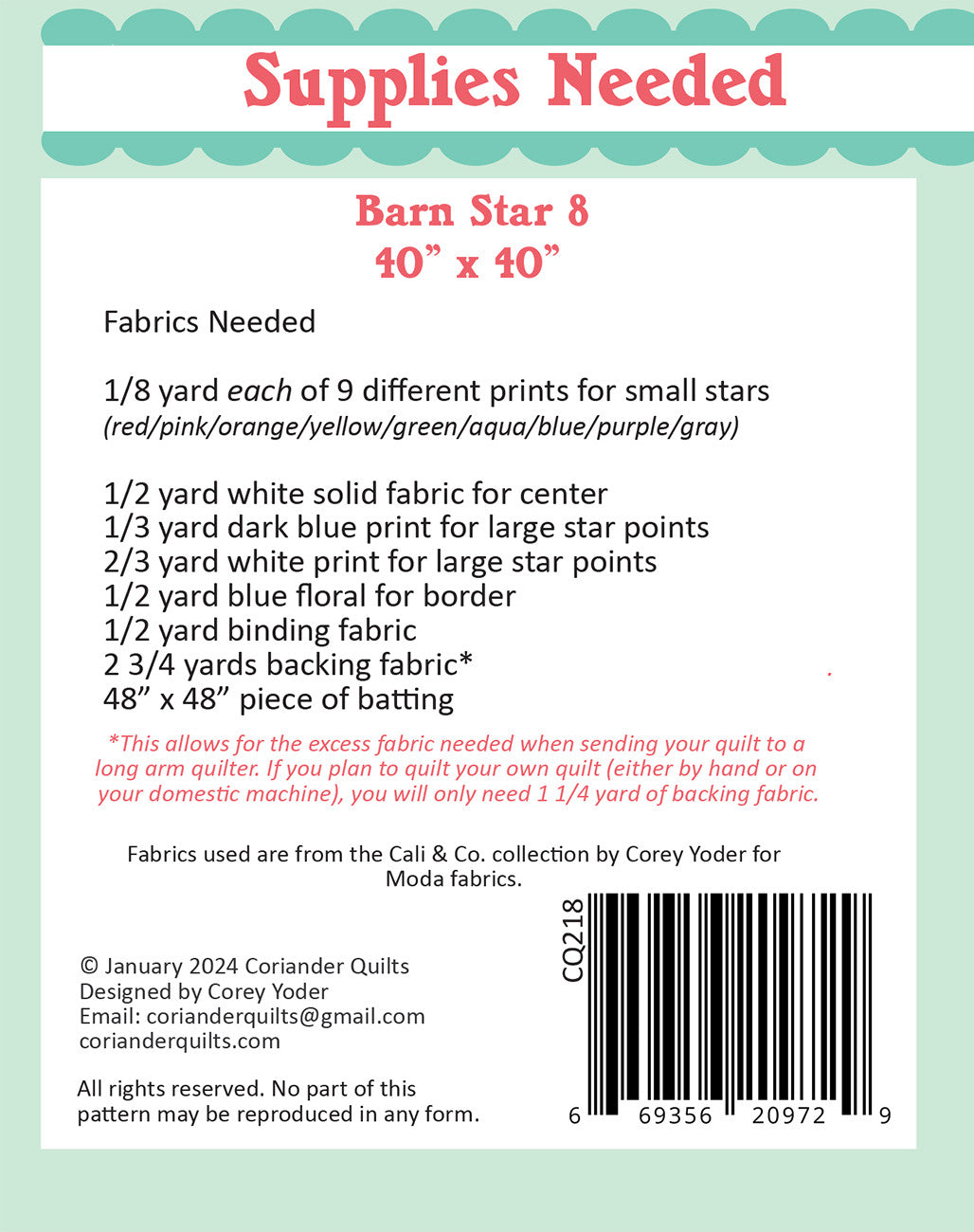 Barn Star 8 Quilt Pattern by Coriander Quilts - Special Order