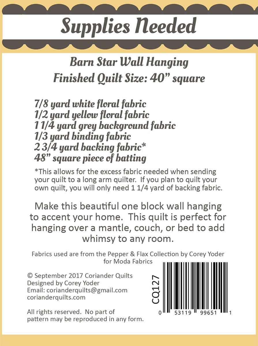 Barn Star Quilt Pattern by Coriander Quilts - Special Order