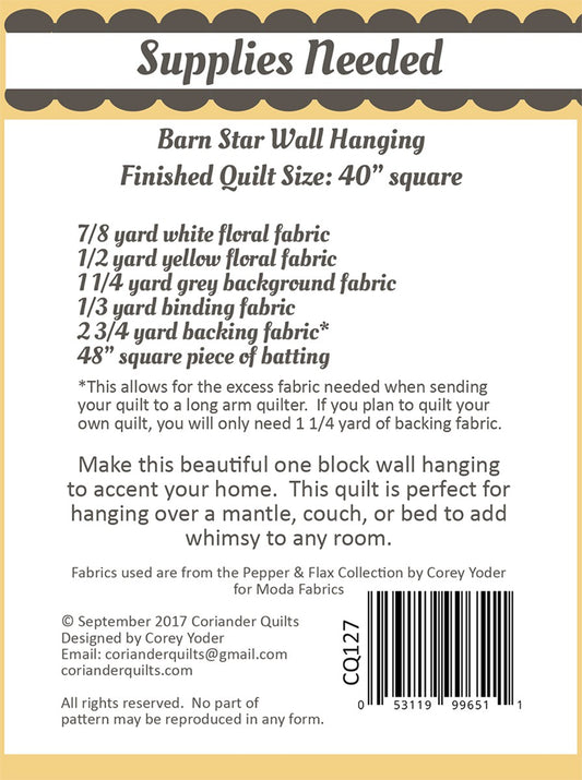 Barn Star Quilt Pattern by Coriander Quilts - Special Order