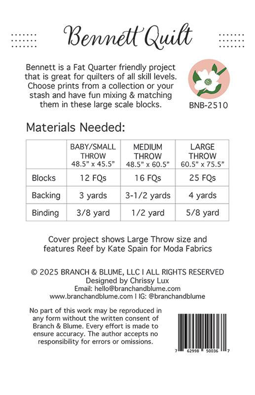 Bennett Quilt Pattern by Branch & Blume