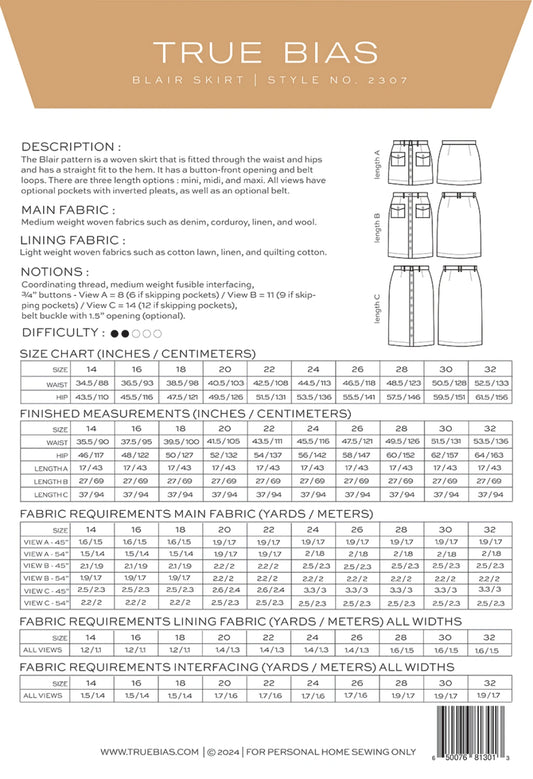 Blair Skirt Pattern by TrueBias Patterns : Size 14-32 - Special Order
