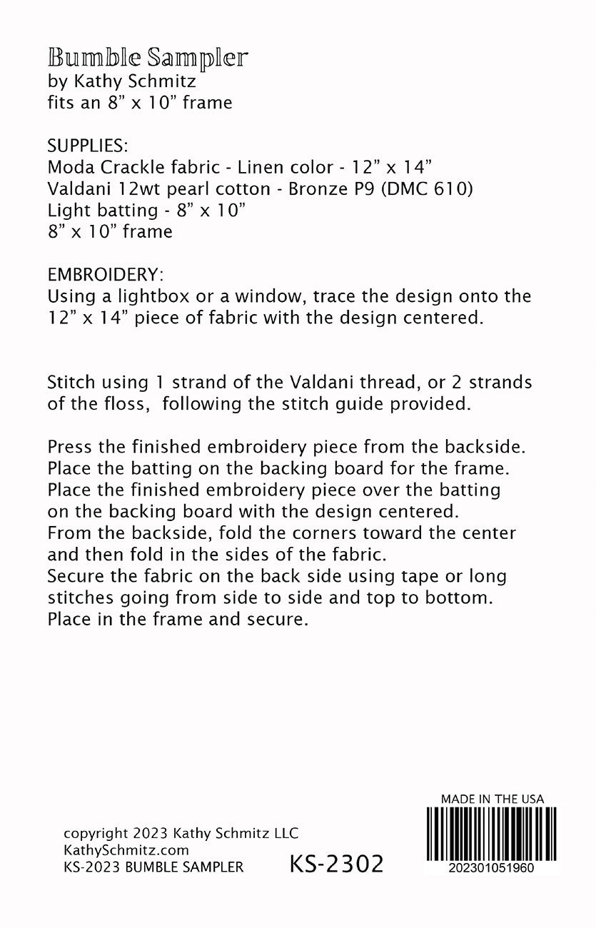 Bumble Sampler Embroidery Pattern by Kathy Schmitz