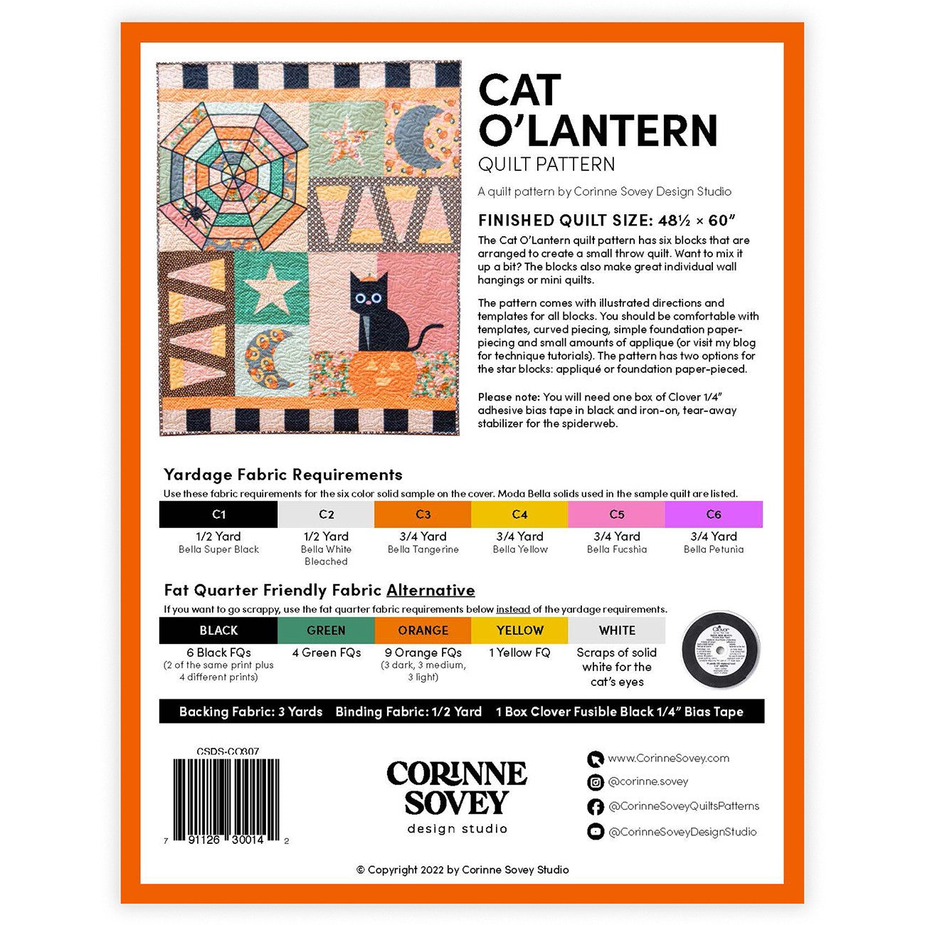 Cat O'Lantern Applique Quilt Pattern by Corinne Sovey CSDS-CO307 - Special Order