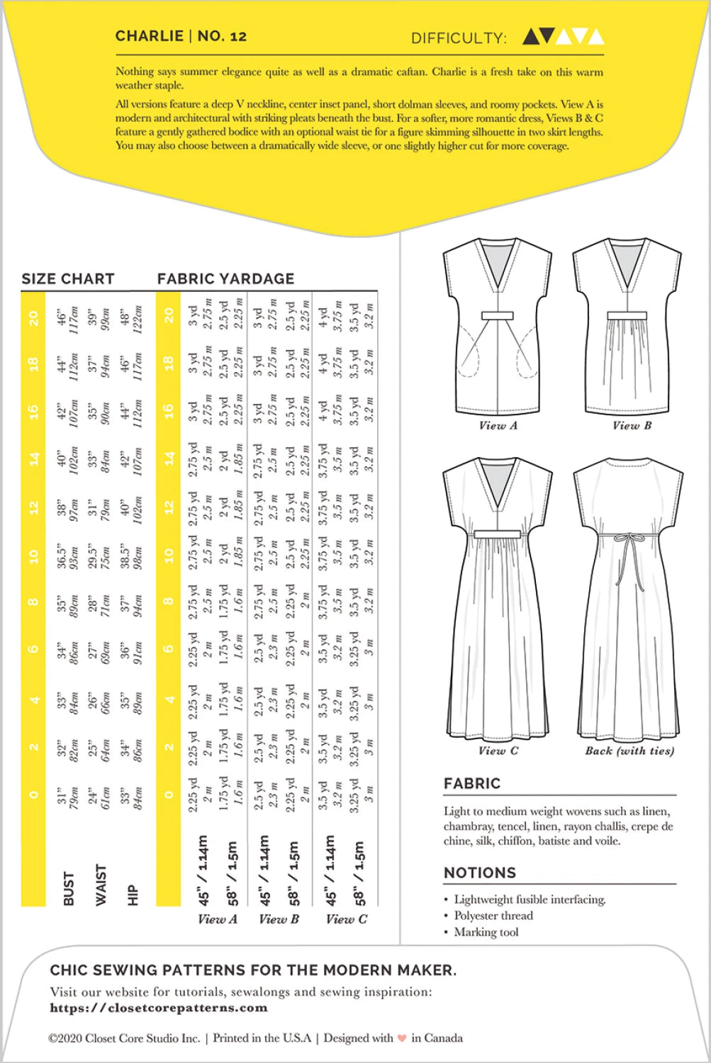 Charlie Caftan Dress Pattern by Closet Core Patterns - Special Order