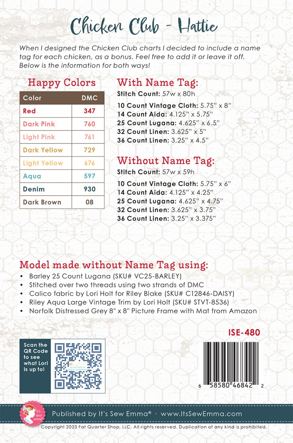 Chicken Club Cross Stitch Pattern of the Month 3 Hattie # ISE-480 - Special Order