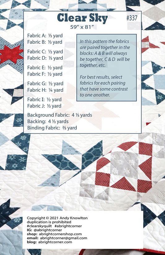 Clear Sky Quilt Pattern by A Bright Corner - AKBC337 -