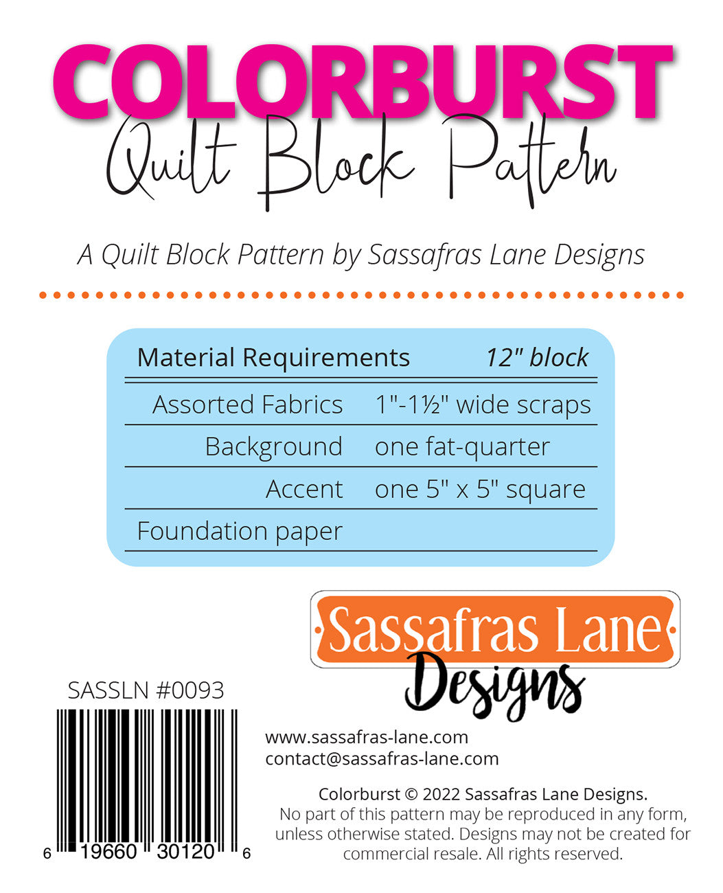 Colorburst Quilt Block Pattern by Sassafras Lane - Special Order