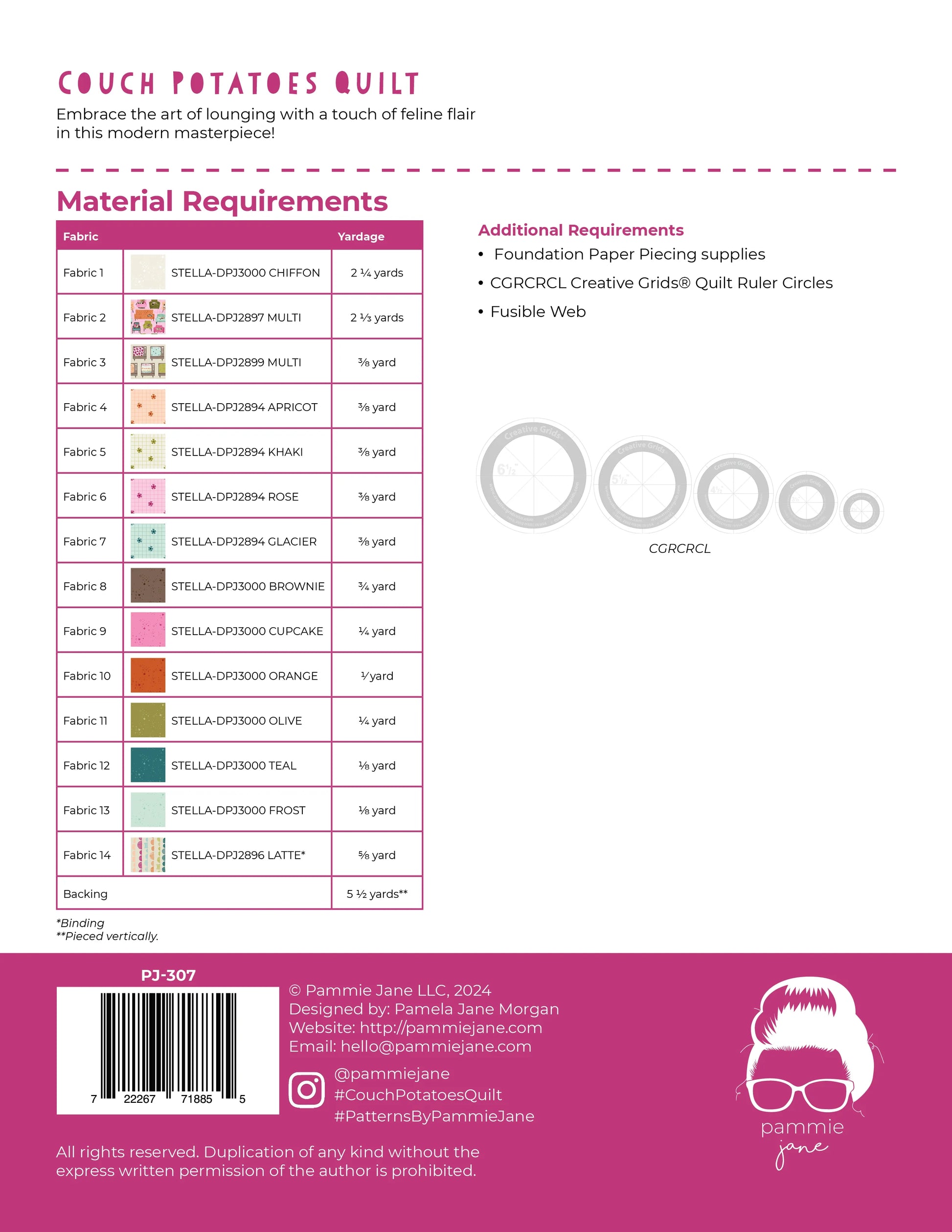 Couch Potatoes FPP Quilt Pattern by Pammie Jane