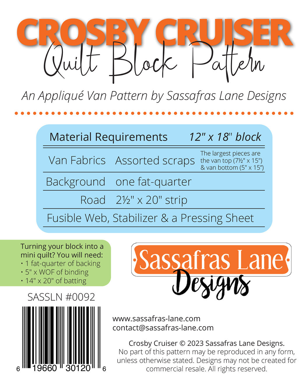 Crosby Cruiser Applique Quilt Block Pattern by Sassafras Lane - Special Order