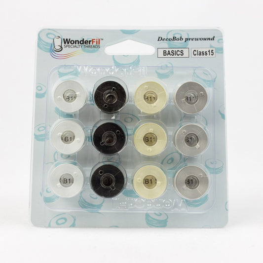 DecoBob Prewound Bobbins Class 15 12ct Black White Cream Grey # DBP15BASIC - Special Order