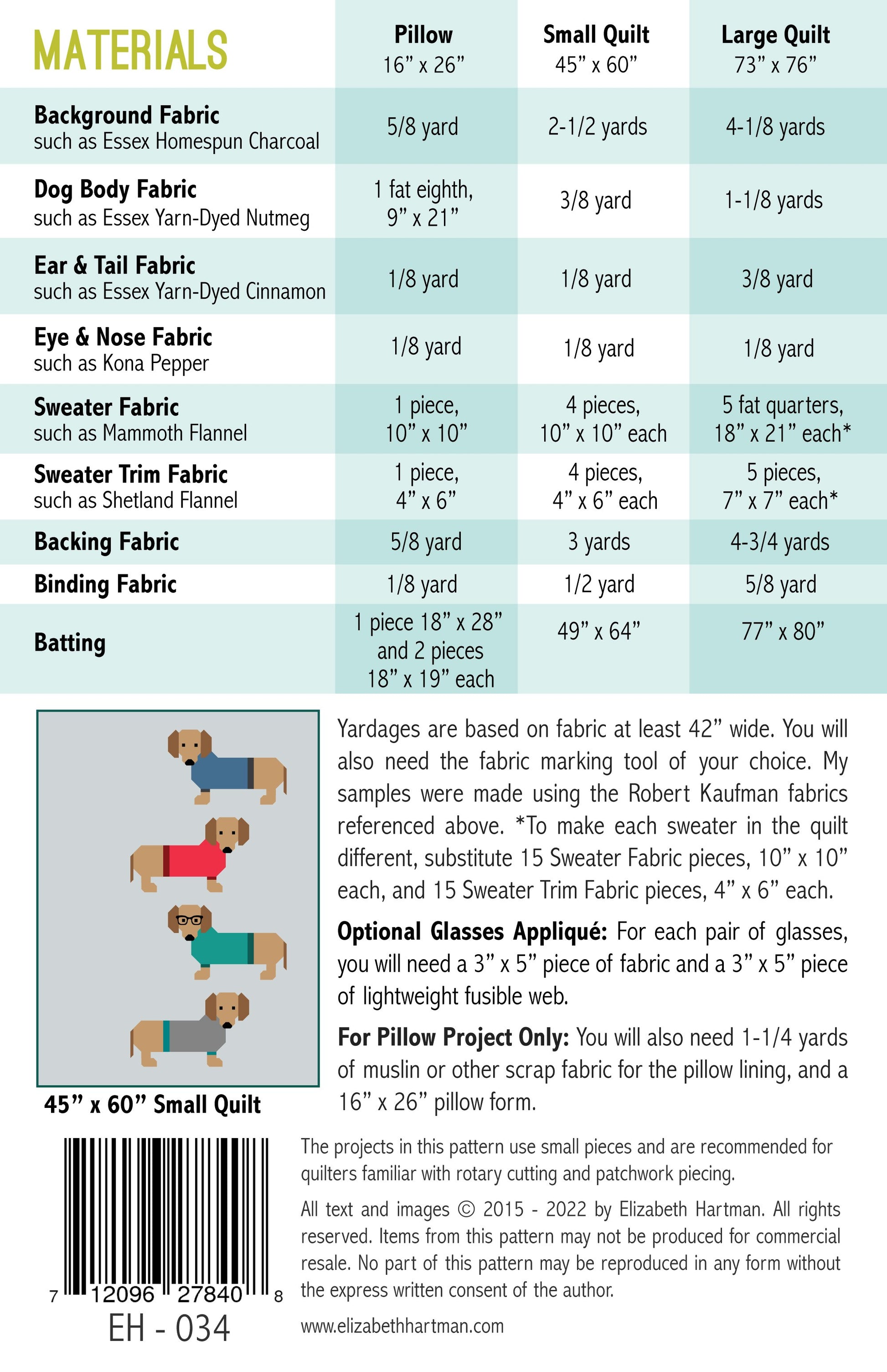 Dogs in Sweaters Quilt Pattern by Elizabeth Hartman