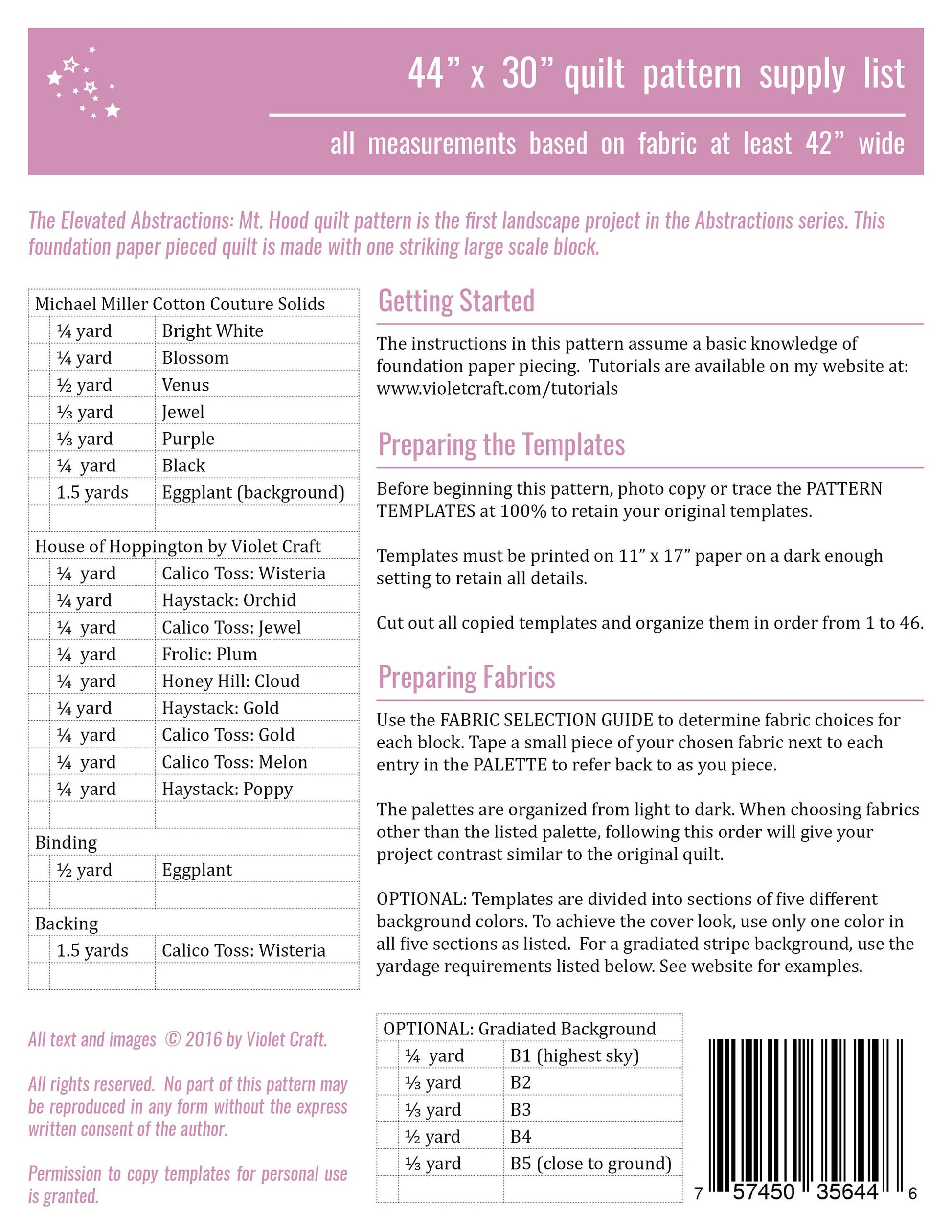 Elevated Abstractions - Mt Hood FPP Pattern by Violet Craft