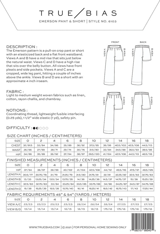 Emmerson Short & Pant Pattern by TrueBias Patterns : Size 0-18 - Special Order