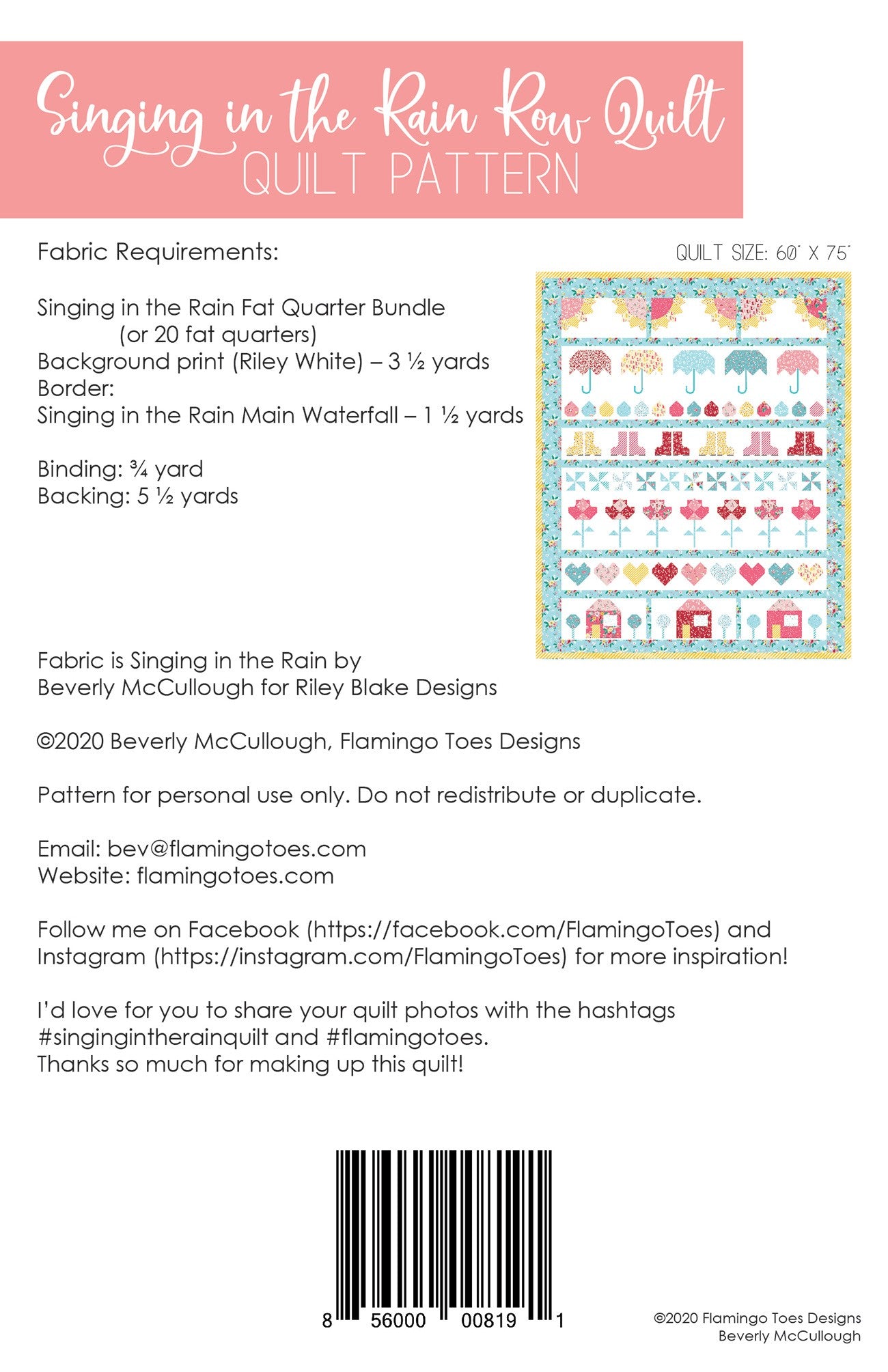 Singing in the Rain Row Quilt # FT-8207 - Special Order