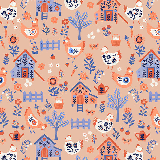 Folky Chicken by Natalie Briscoe : Chicken Co-op Peach 55237-1