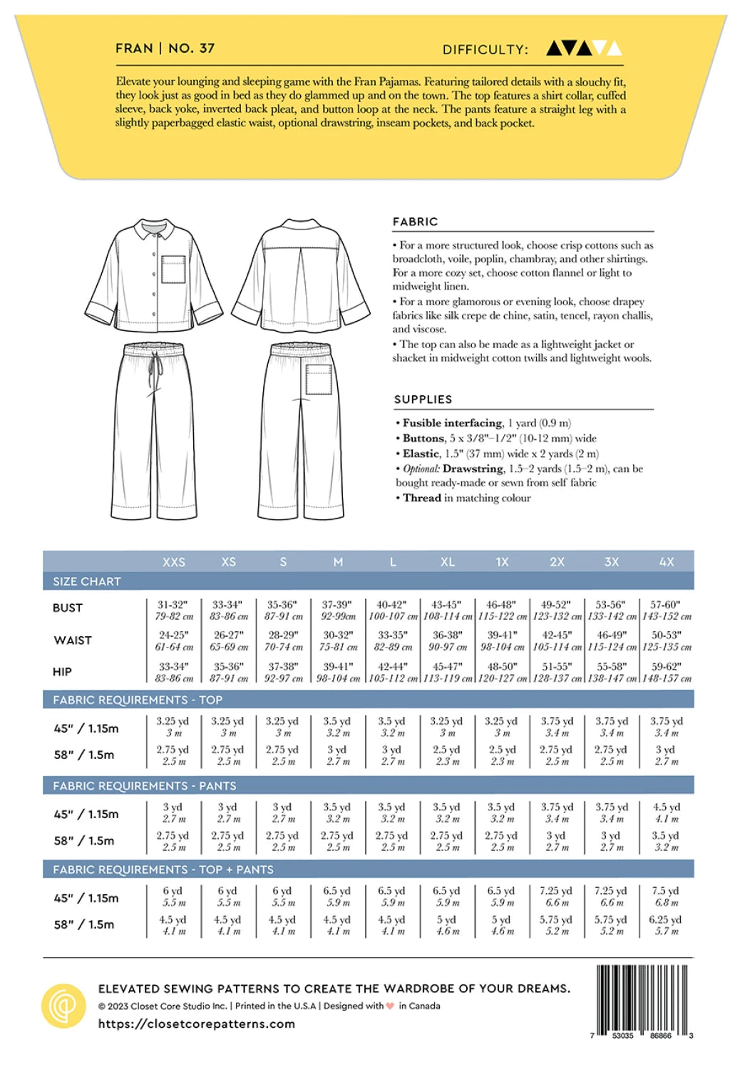 Fran Pajama Pattern by Closet Core Patterns - Special Order
