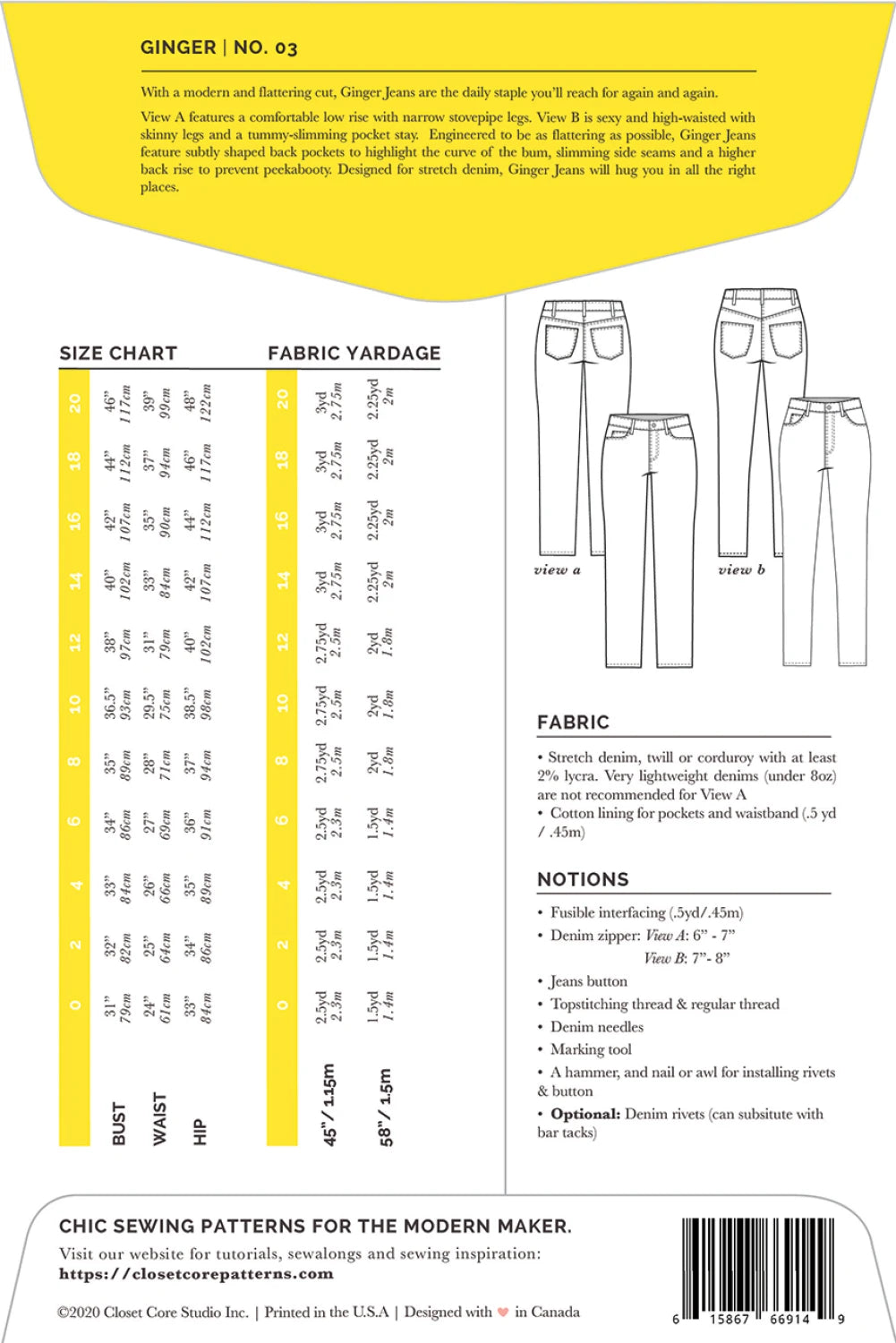 Ginger Skinny Jeans Pattern by Closet Core Patterns - Special Order