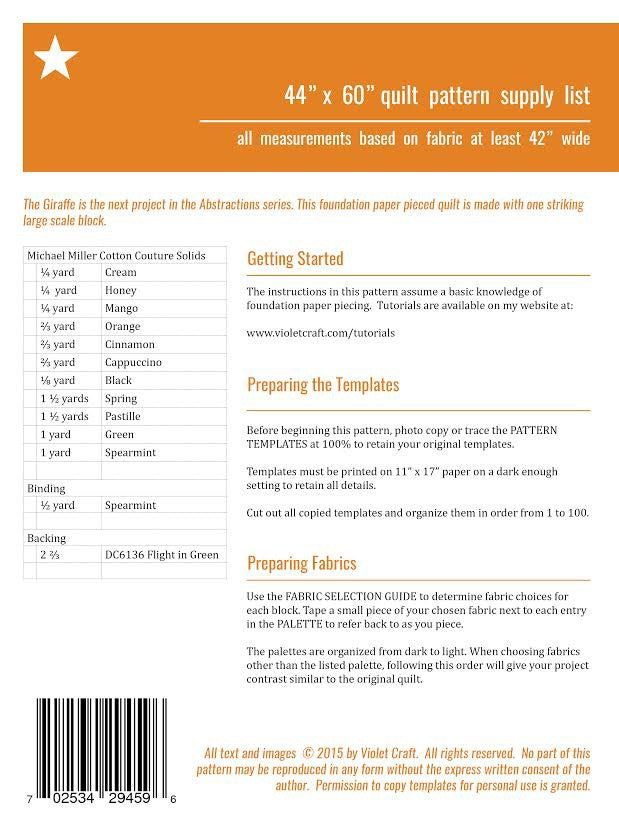 Giraffe Abstractions Quilt Quilt FPP Quilt Pattern by Violet Craft