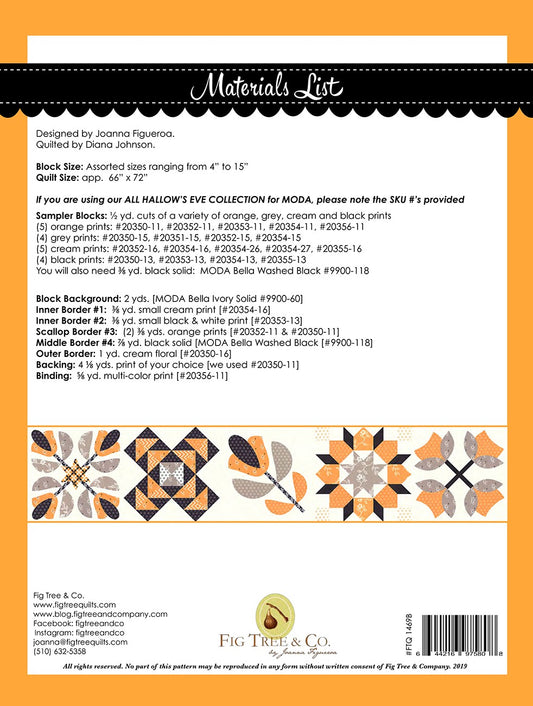 Halloween Figs Block Of The Month Quilt Pattern by Fig Tree & Co. FTQ1469B - Special Order