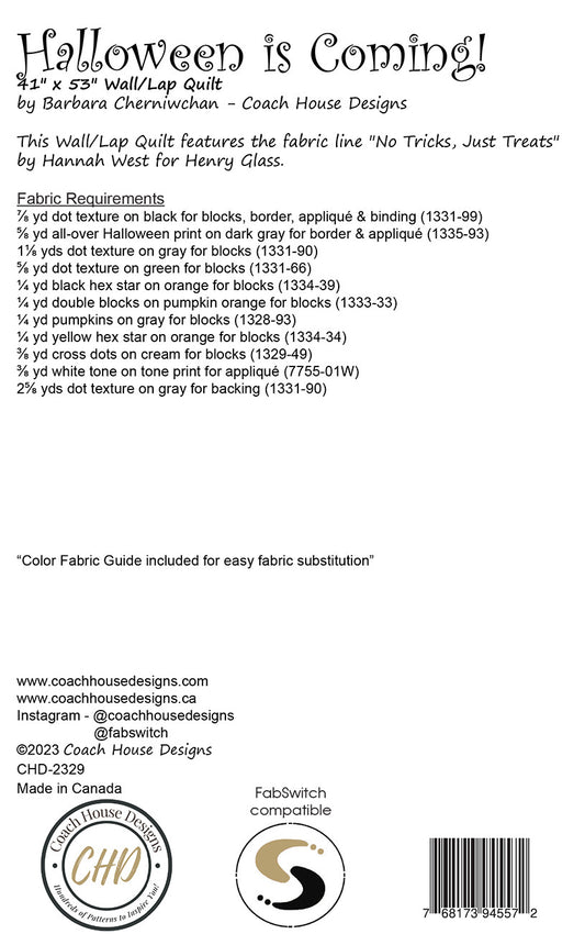 Halloween is Coming! Quilt Pattern # CHD-2328- Special Order