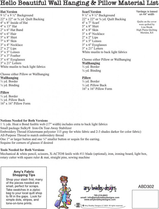 Hello Beautiful Wallhanging & Pillow Pattern # ABD302 - Special Order