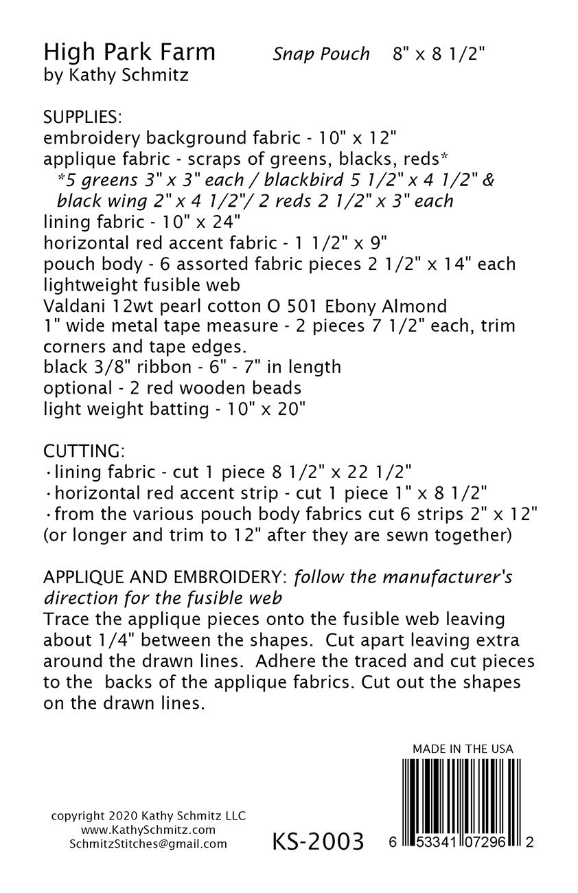 High Park Farm Appliqué Pouch Pattern by Kathy Schmitz - KS-2003 - Special Order