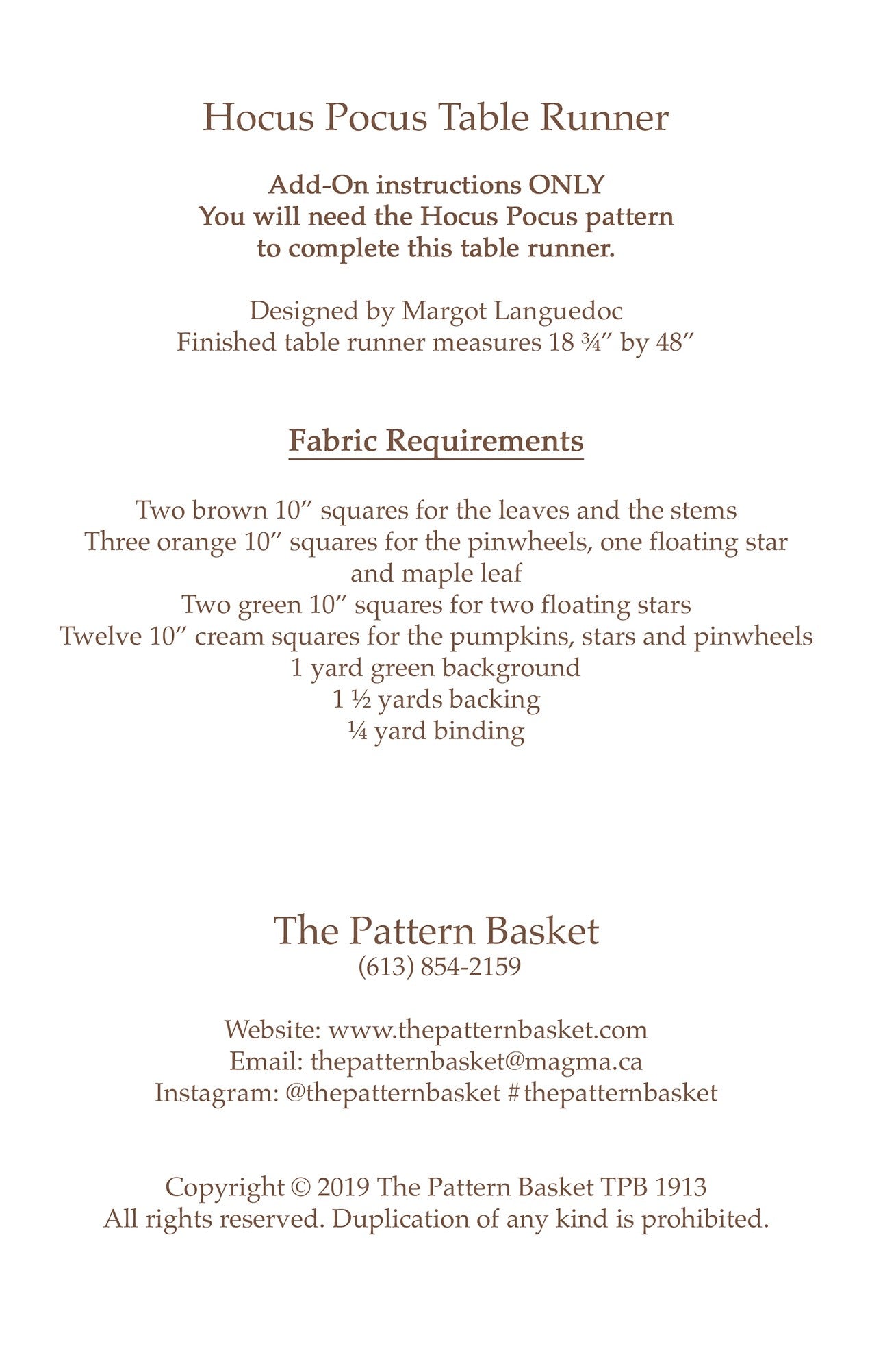 Hocus Pocus Table Runner Add-On Quilt Pattern by The Pattern Basket