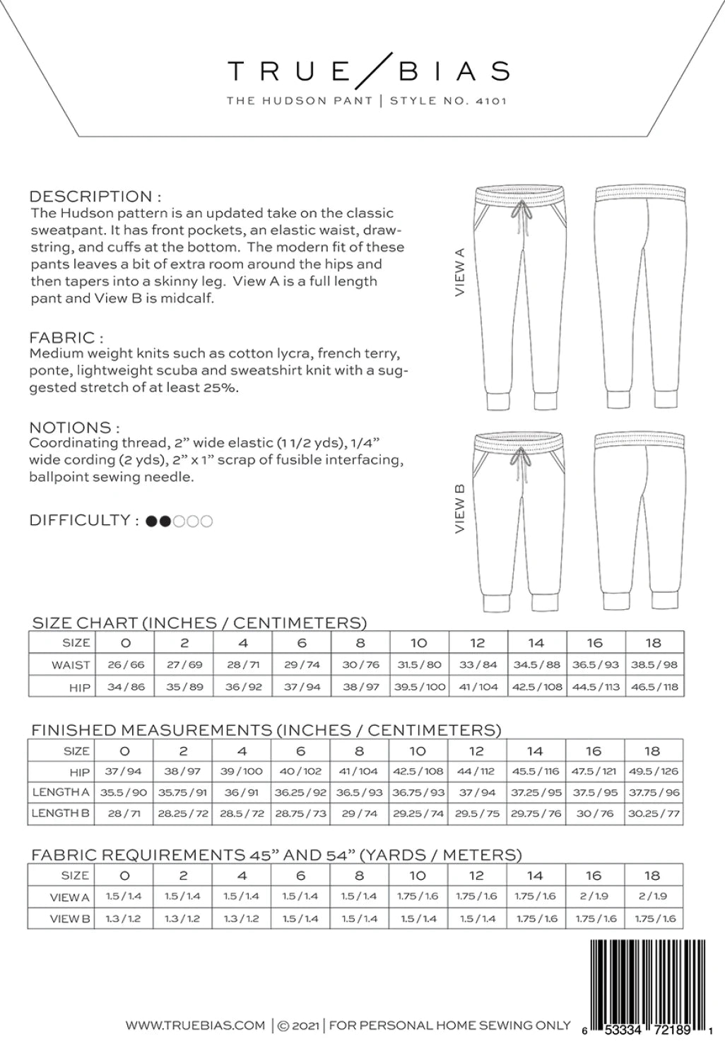 Hudson Pant Pattern by TrueBias Patterns : Size 0-18 - Special Order