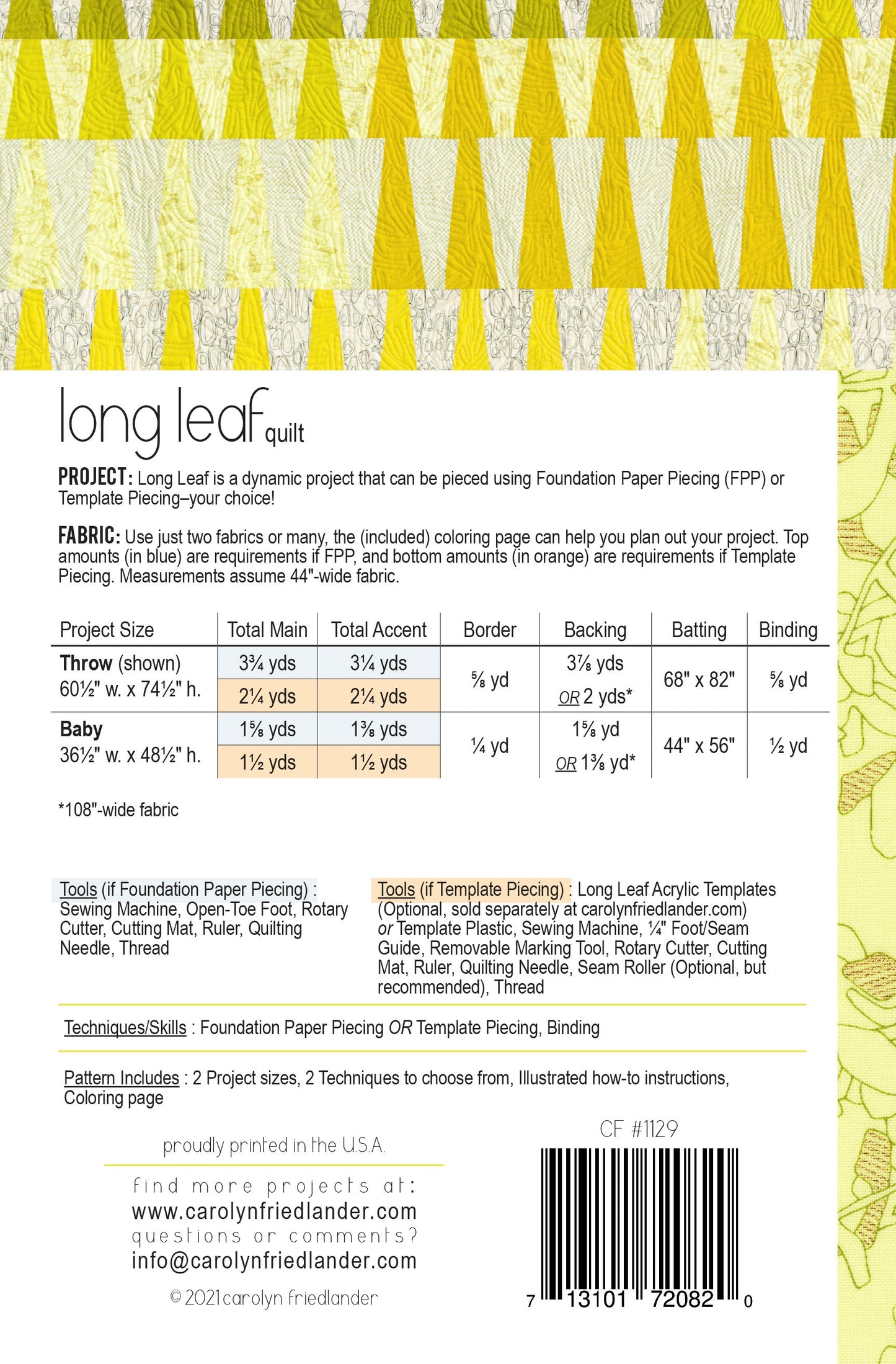 Long Leaf Quilt Pattern # CF1129 - Special Order