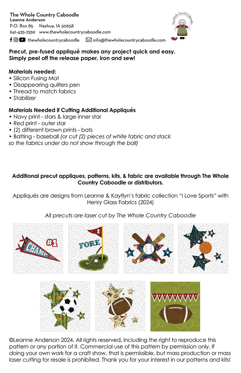 Baseball Applique Precut Fused Applique Pack # WCCPRE-BASEB - Special Order - Estimated Ship 11-20-24