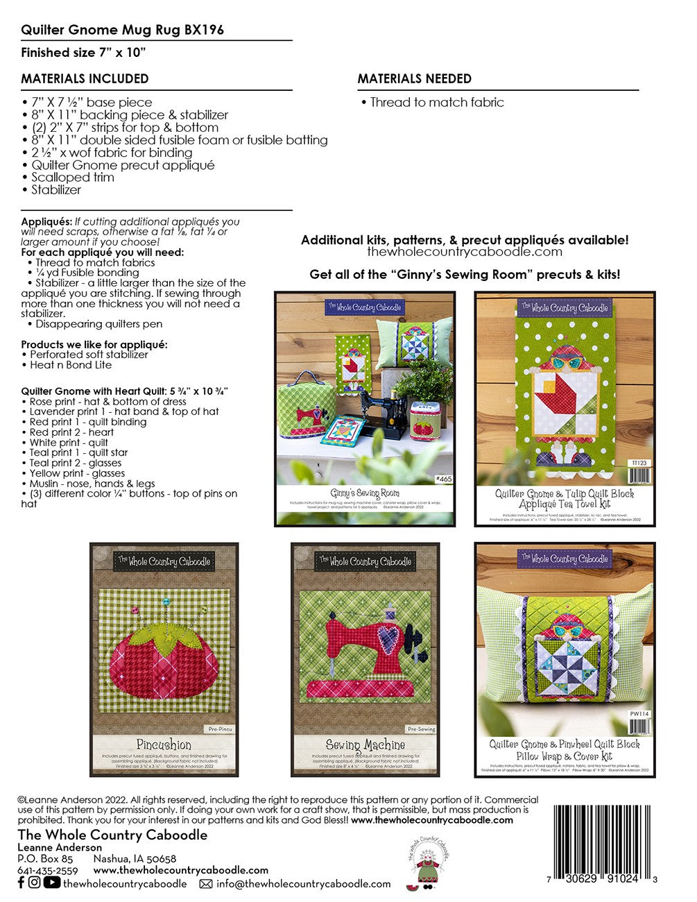 Quilter Gnome Mug Rug Kit # WCCBX196 - Special Order