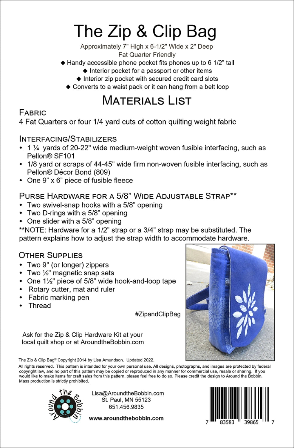 Zip & Clip Bag Pattern by Around the Bobbin - Special Order