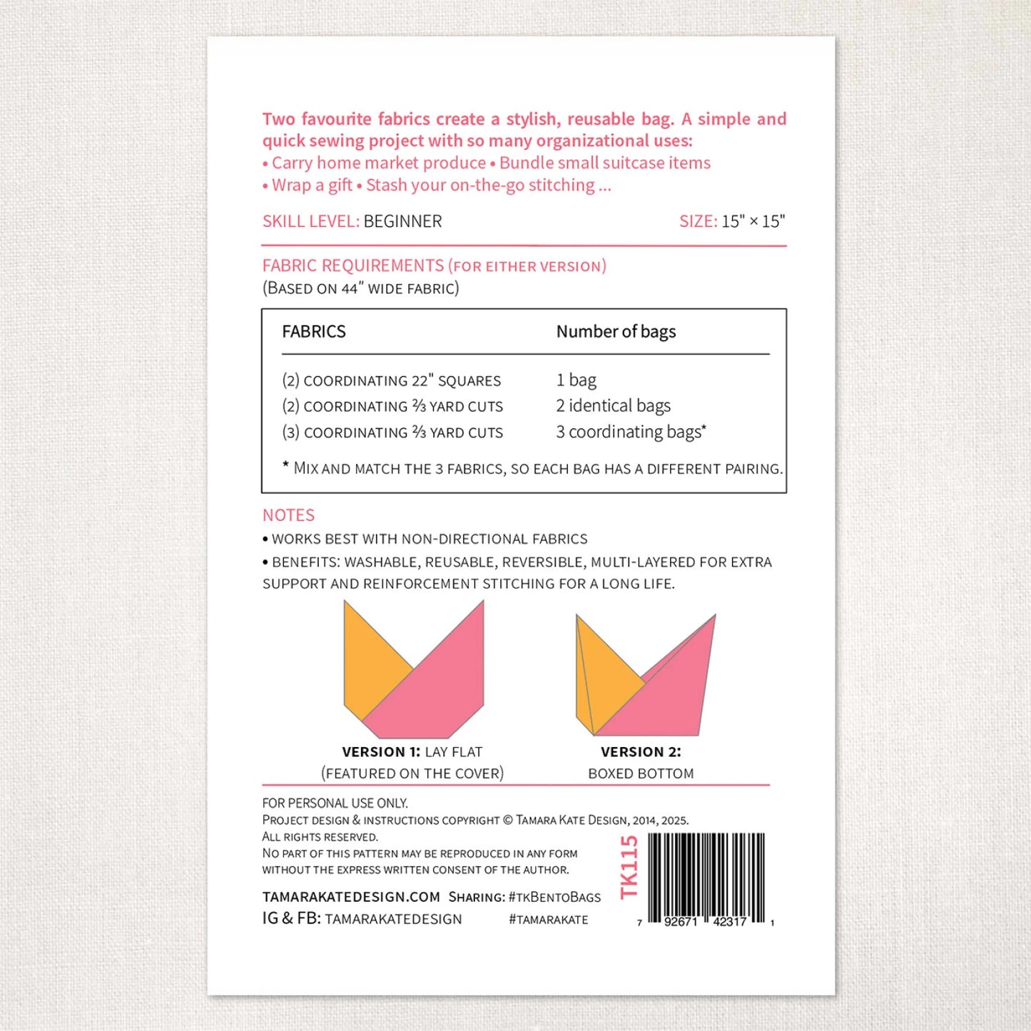 Bento Bag Sewing Pattern by Tamara Kate