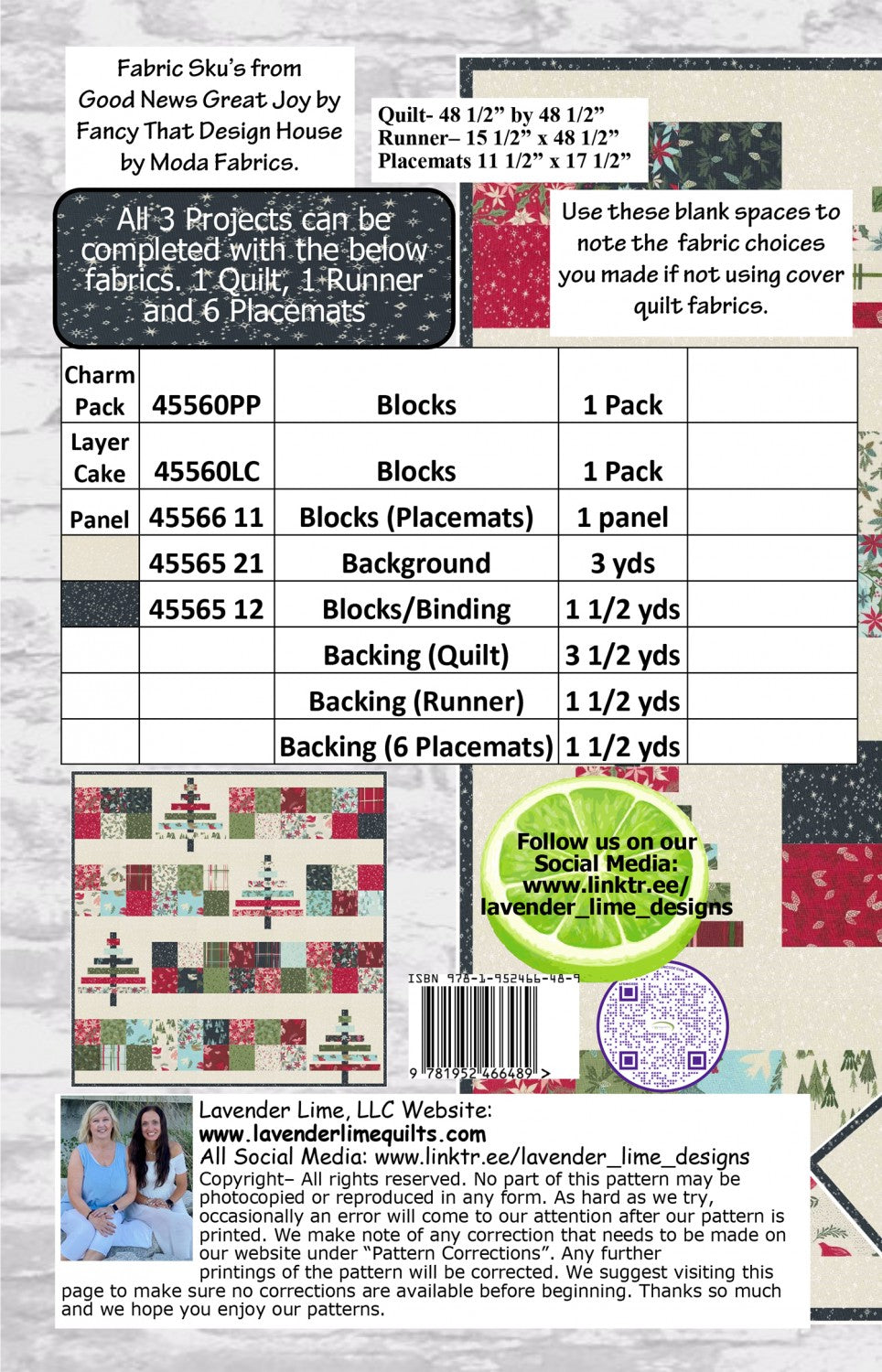 Christmas Trio Table Runner, Placemat & Quilt Pattern by Lavender Lime