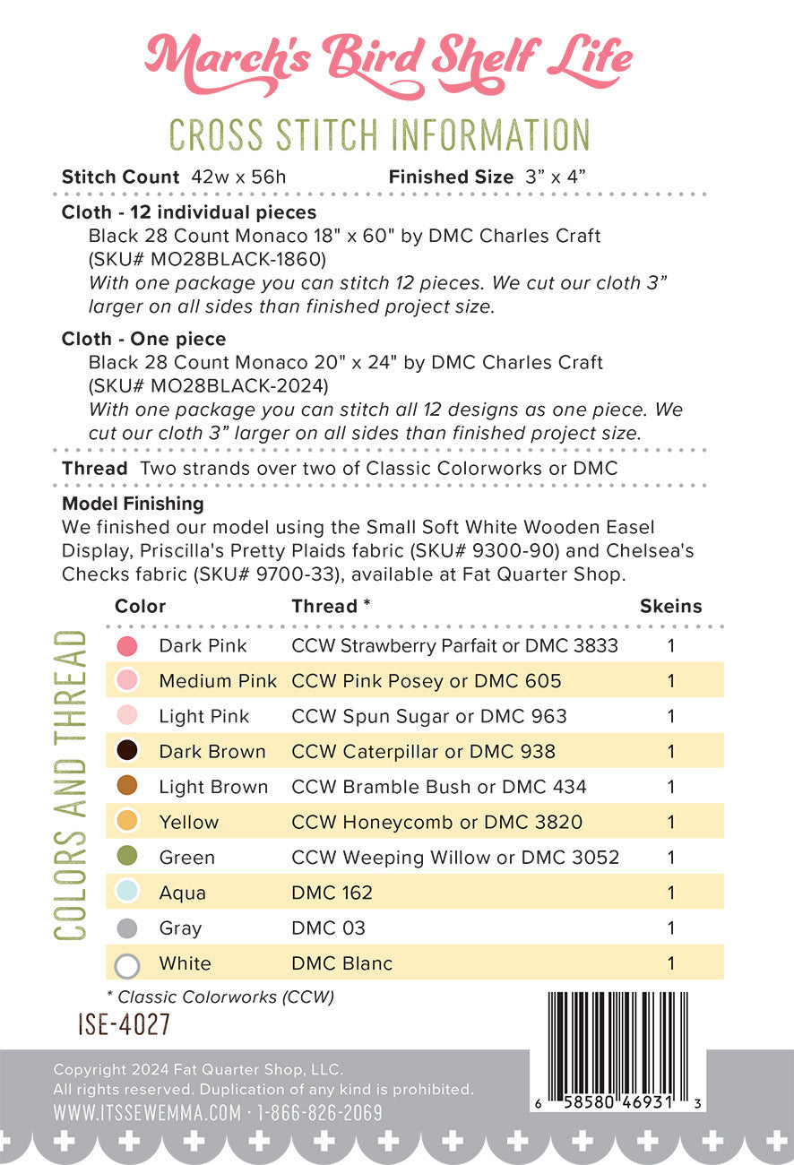 March's Bird Shelf Life Cross Stitch Pattern # ISE-4027 - Special Order