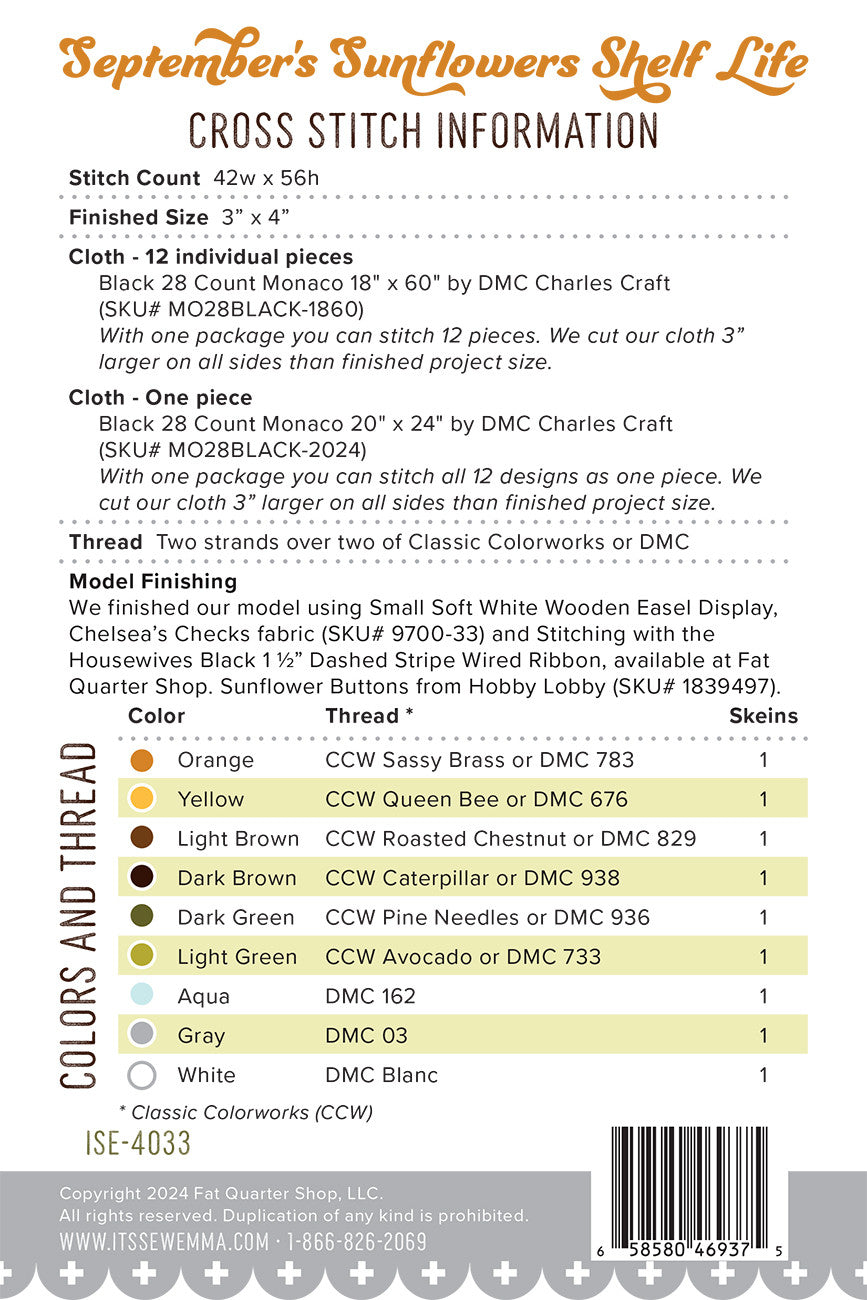 September's Sunflowers Shelf Life Cross Stitch Pattern # ISE-4033 - Special Order