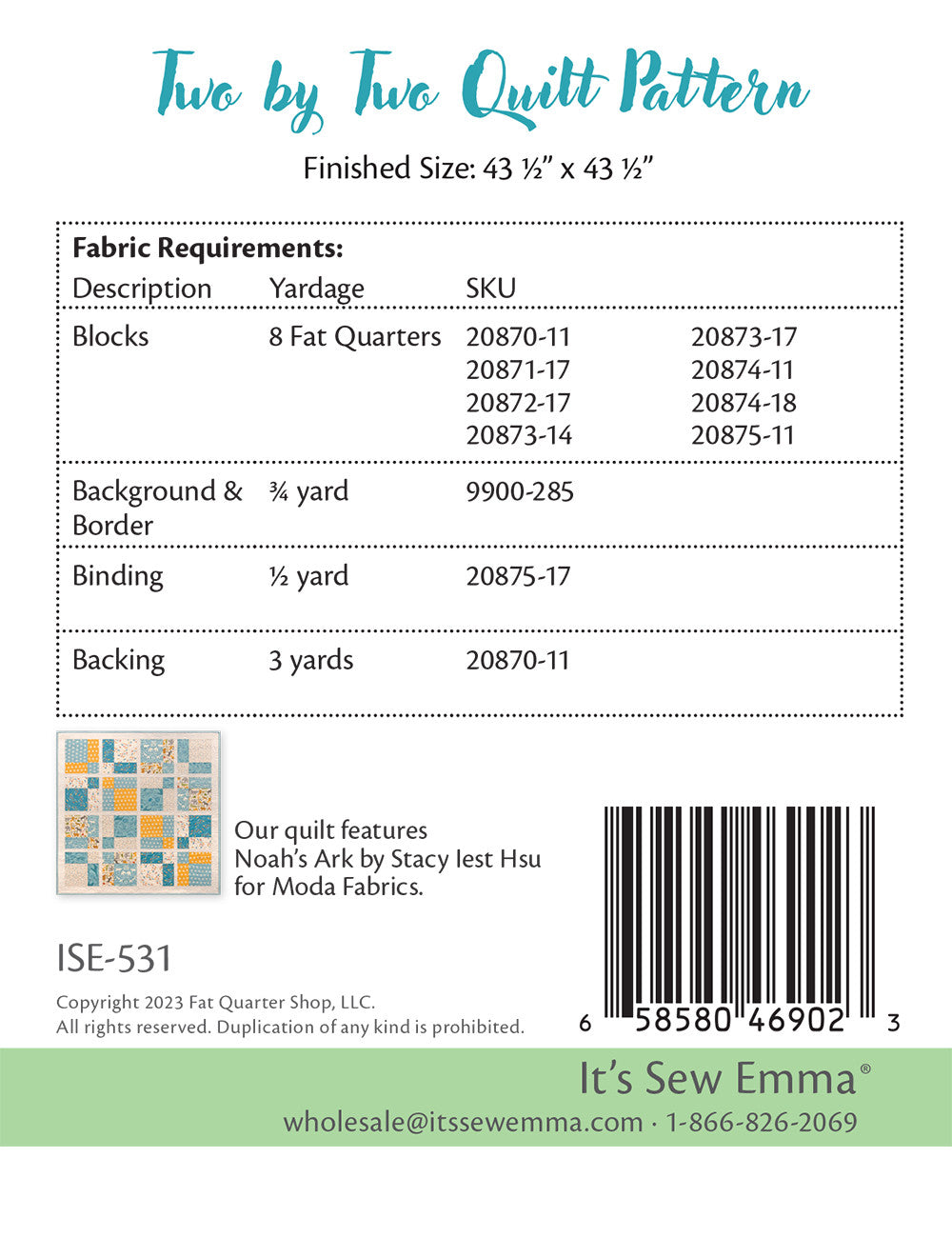 Two by Two Quilt Pattern # ISE-531 - Special Order