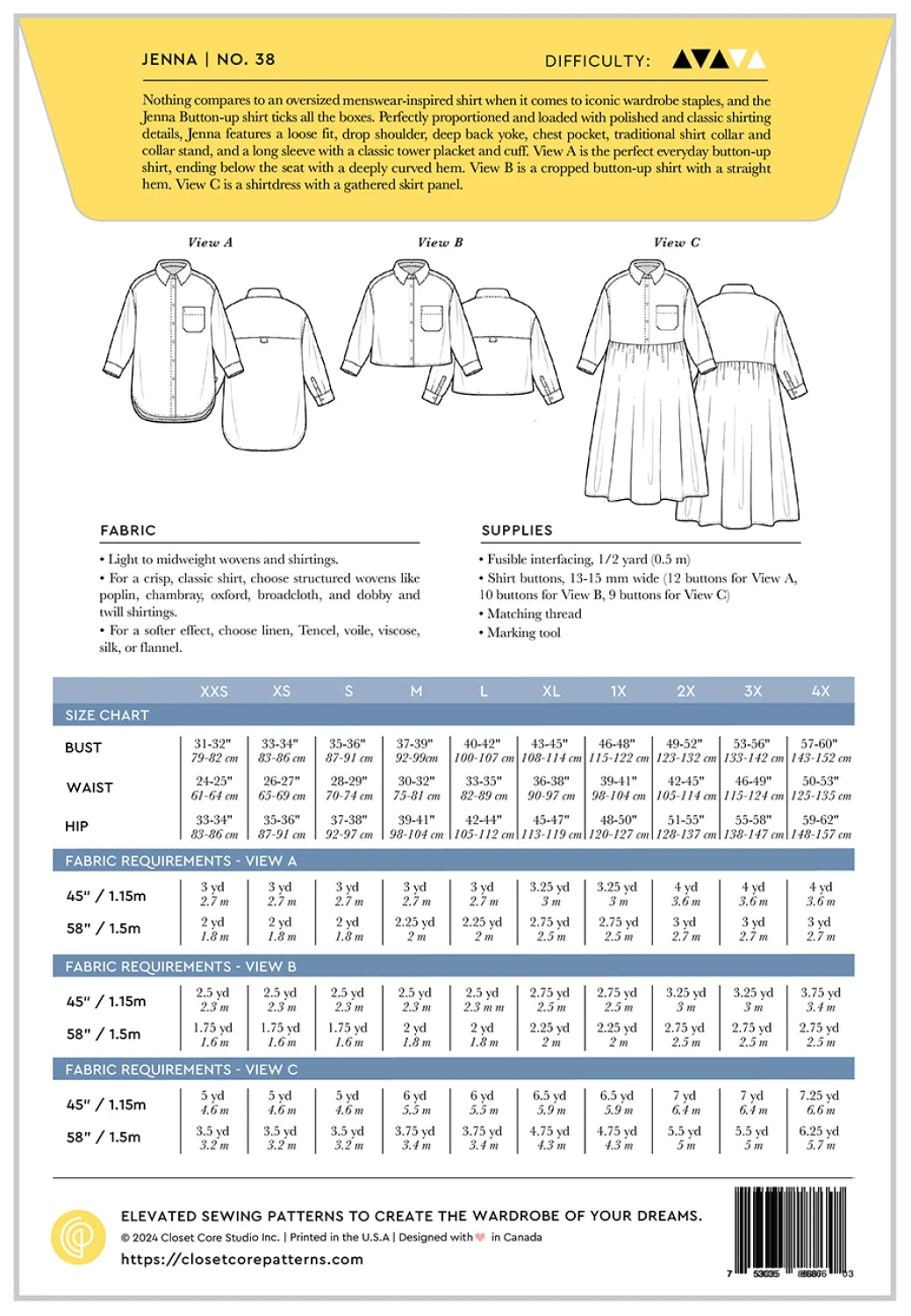 Jenna Button Up Shirt & Dress Pattern by Closet Core Patterns - Special Order