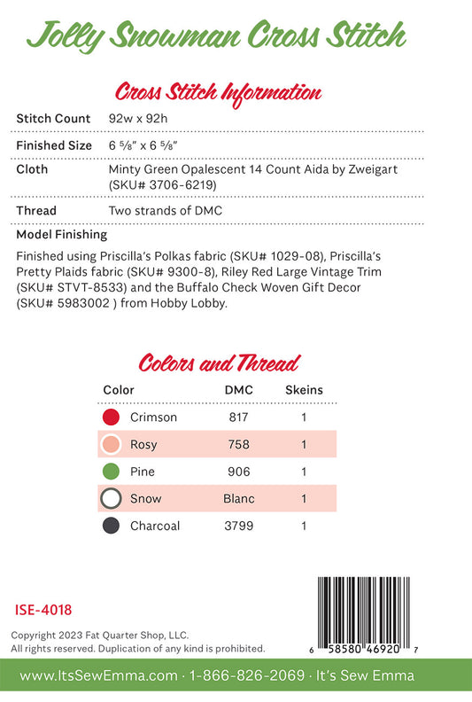 Jolly Snowman Cross Stitch by It's Sew Emma # ISE-4018 - Special Order